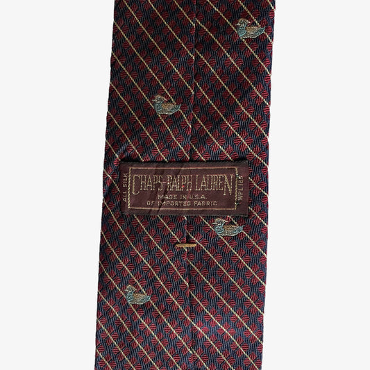 Vintage 90s Chaps Ralph Lauren Geometric Duck Print Silk Tie Label - Casspios Dream