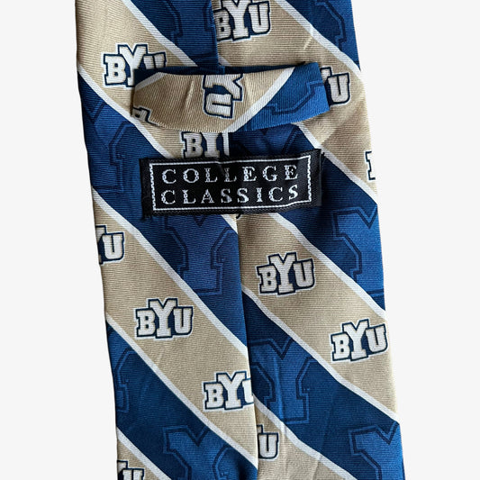 Vintage 90s College Classics BYU Spell Out Striped Silk Tie Label - Casspios Dream