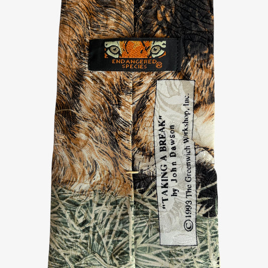 Vintage 90s Endangered Species 1993 John Dawson Wolf Print Silk Tie Label - Casspios Dream