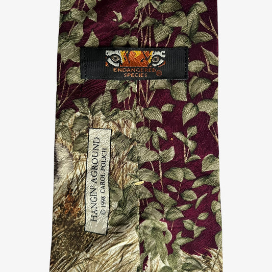 Vintage 90s Endangered Species 1998 Carol Polich Wolf Print Silk Tie Label - Casspios Dream