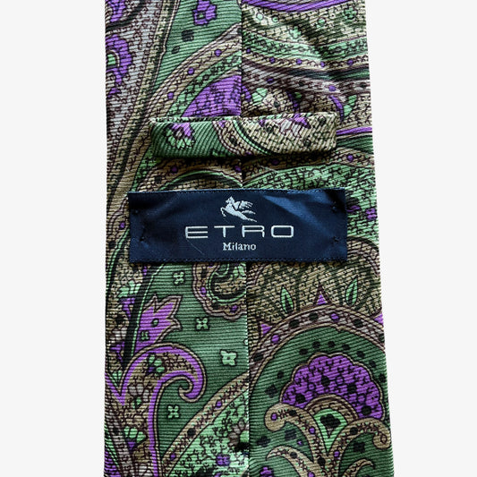 Vintage 90s Etro Paisley Funky Print Green Silk Tie Label - Casspios Dream