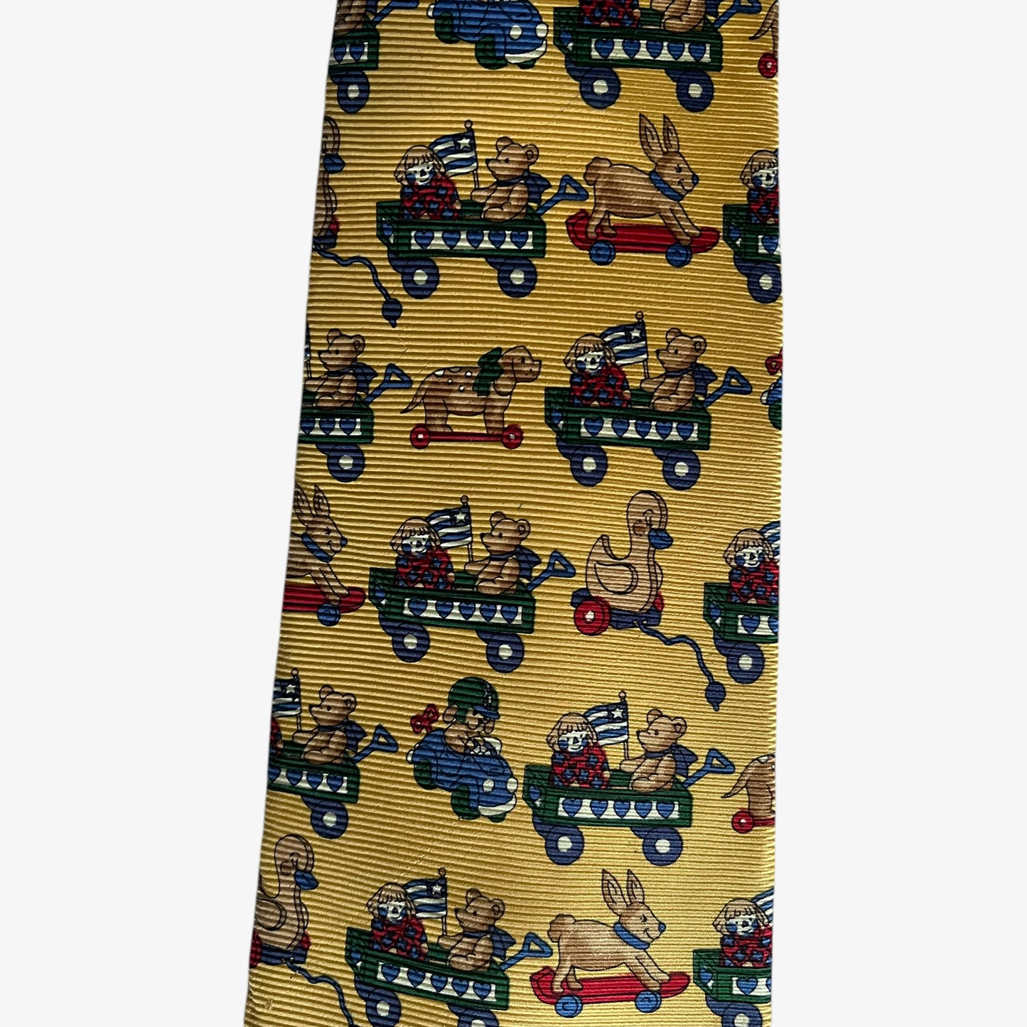 Vintage 90s Faconnable Teddy Bear Toy Print Yellow Silk Tie Novelty - Casspios Dream