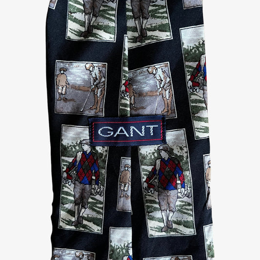 Vintage 90s GANT Golf Print Black Silk Tie Label - Casspios Dream