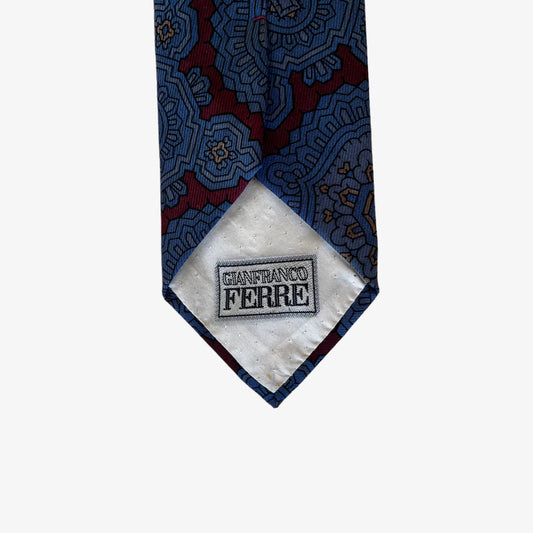 Vintage 90s Gianfranco Ferre Geometric Print Burgundy Wool Tie Logo - Casspios Dream