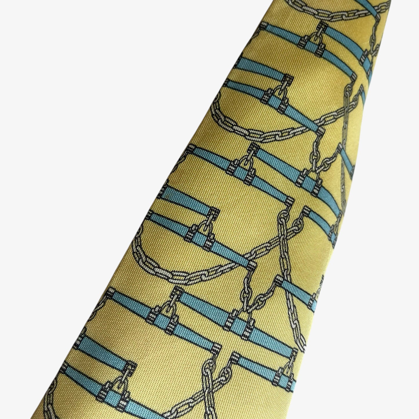 Vintage 90s Hermes 605 SA Blue Metal Chain Print Yellow Silk Tie Wear - Casspios Dream
