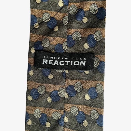 Vintage 90s Kenneth Cole Reaction Geometric Circle Print Green And Brown Striped Silk Tie Label - Casspios Dream
