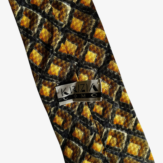 Vintage 90s Krizia Uomo Geometric Square Print Gold Silk Tie Label - Casspios Dream