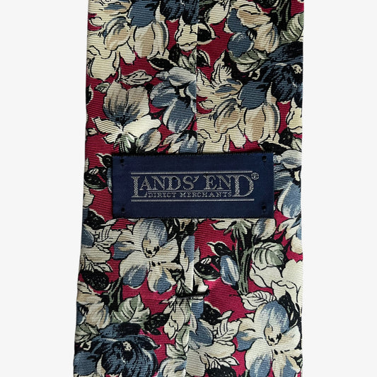 Vintage 90s Lands End Floral Print Red Silk Tie Label - Casspios Dream