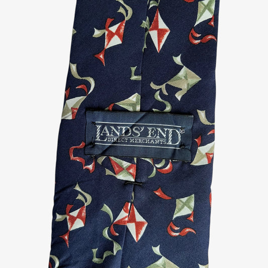 Vintage 90s Lands End Flying Kite Geometric Print Navy Silk Tie Label - Casspios Dream