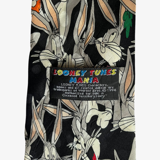 Vintage 90s Looney Tunes Mania 1994 Bugs Bunny Print Black Silk Tie Label - Casspios Dream