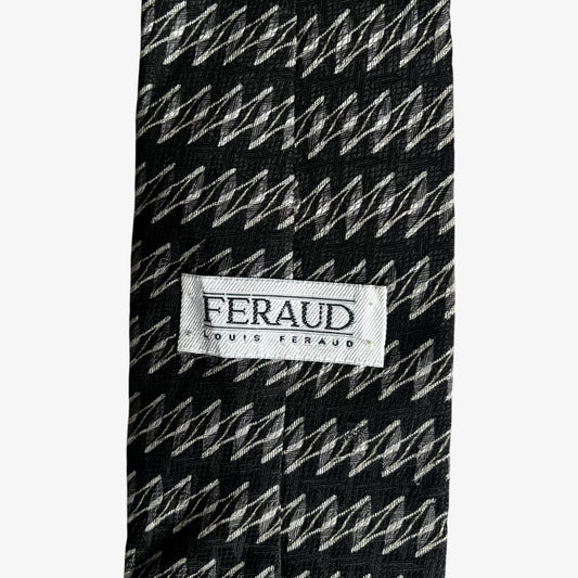 Vintage 90s Louis Feraud White Abstract Striped Black Silk Tie Label - Casspios Dream