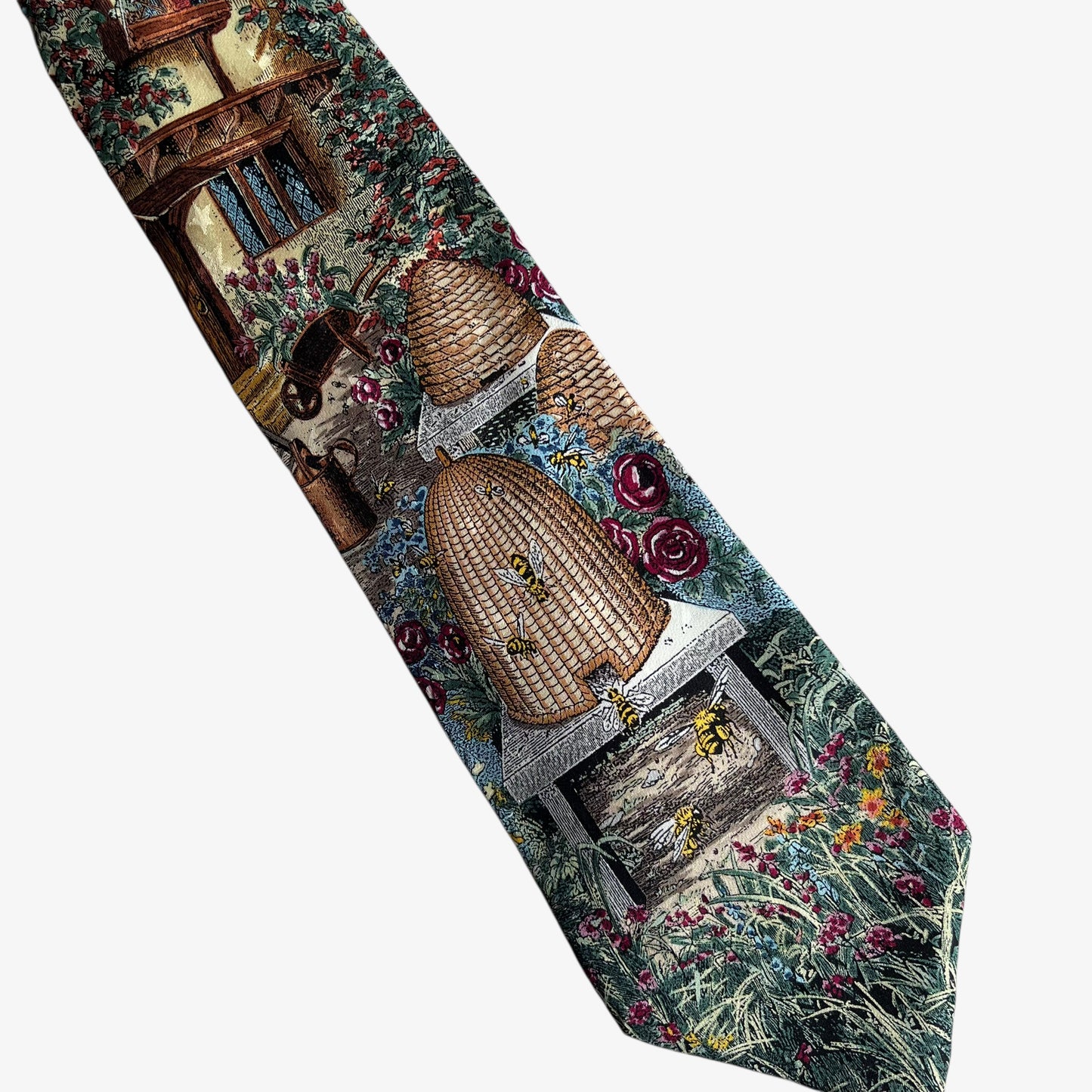 Vintage 90s Max Raab Tango Cottage Bee Garden Print Tie Circa 1890 - Casspios Dream