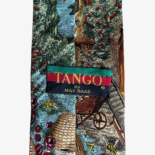 Vintage 90s Max Raab Tango Cottage Bee Garden Print Tie Label - Casspios Dream