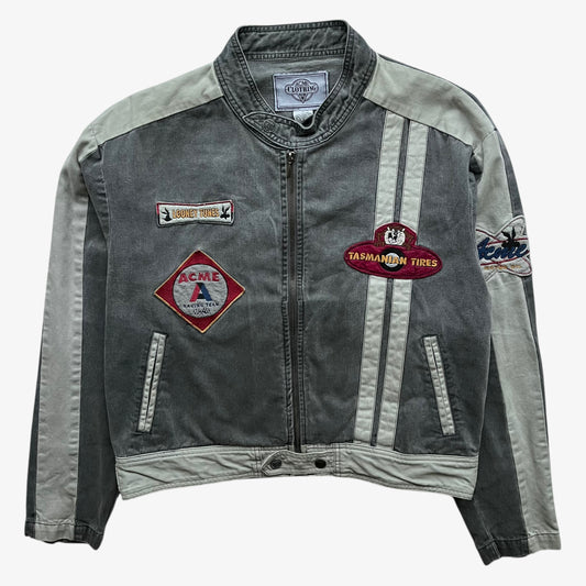 Vintage 90s men's ACME Warner Bros Looney Tunes Bugs Bunny grey NASCAR jacket.