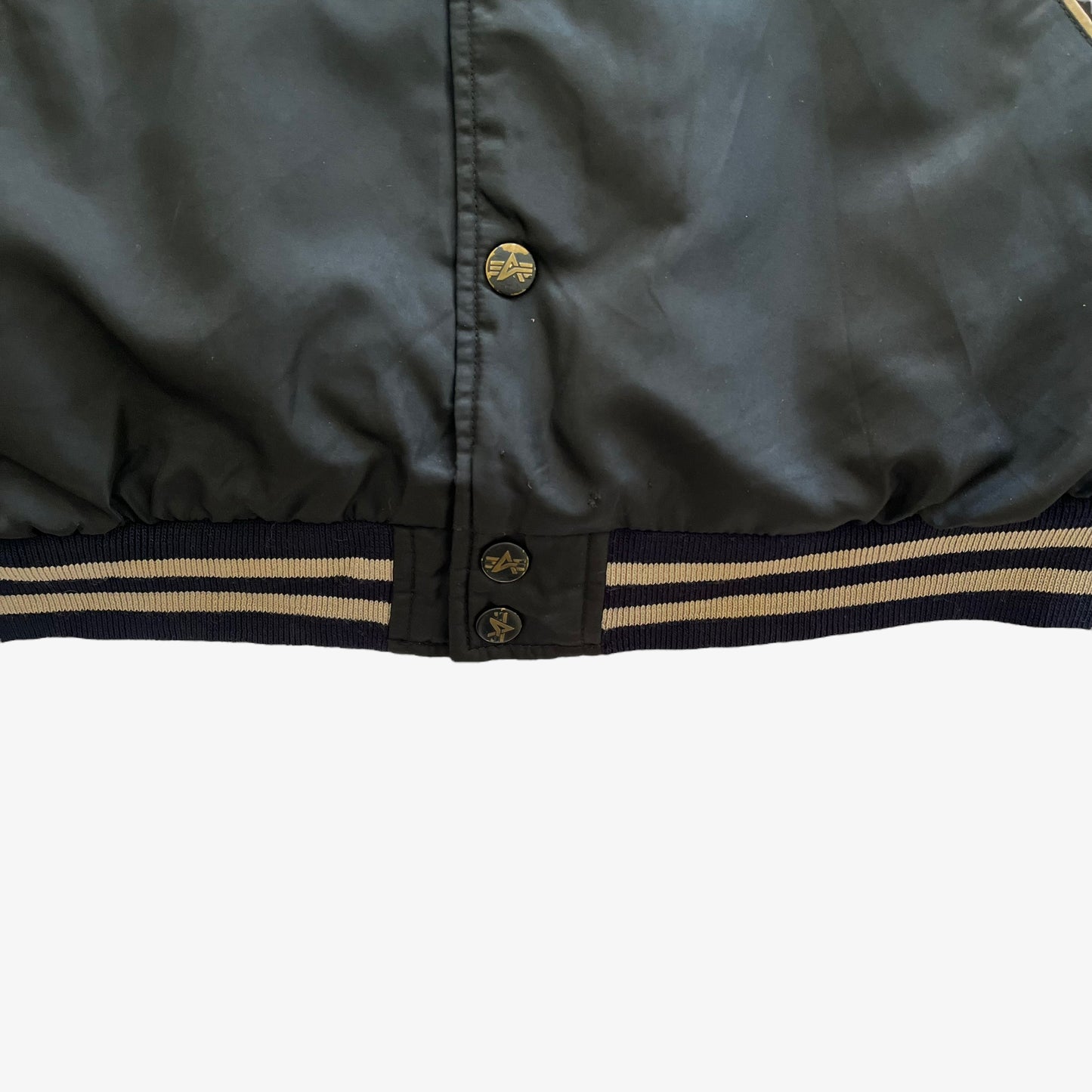 Vintage 90s Mens Alpha Industries Black Bomber Jacket With Back Embroidered Spell Out Hem - Casspios Dream
