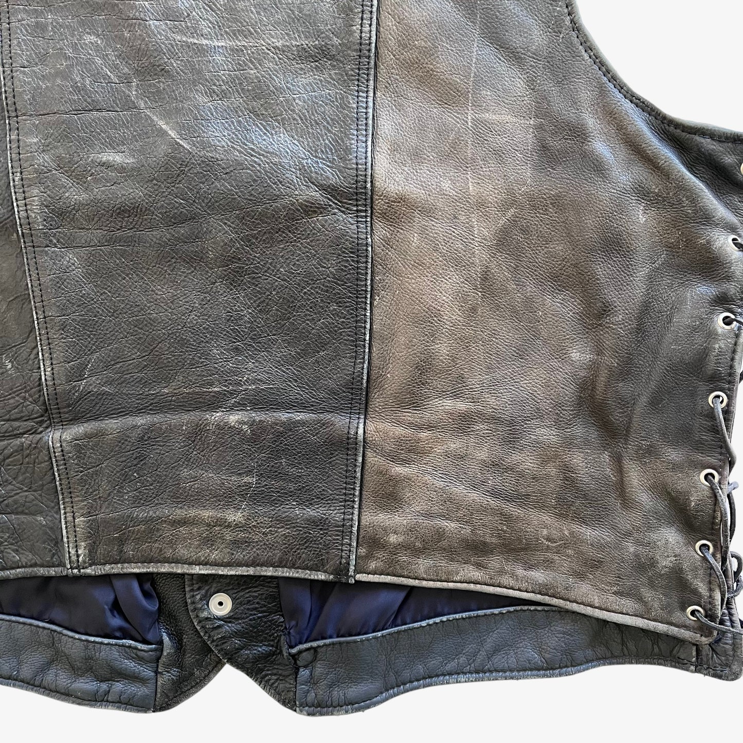 Vintage 90s Mens Black Leather Waistcoat With Buffalo Engraved Buttons Back Hem Wear - Casspios Dream