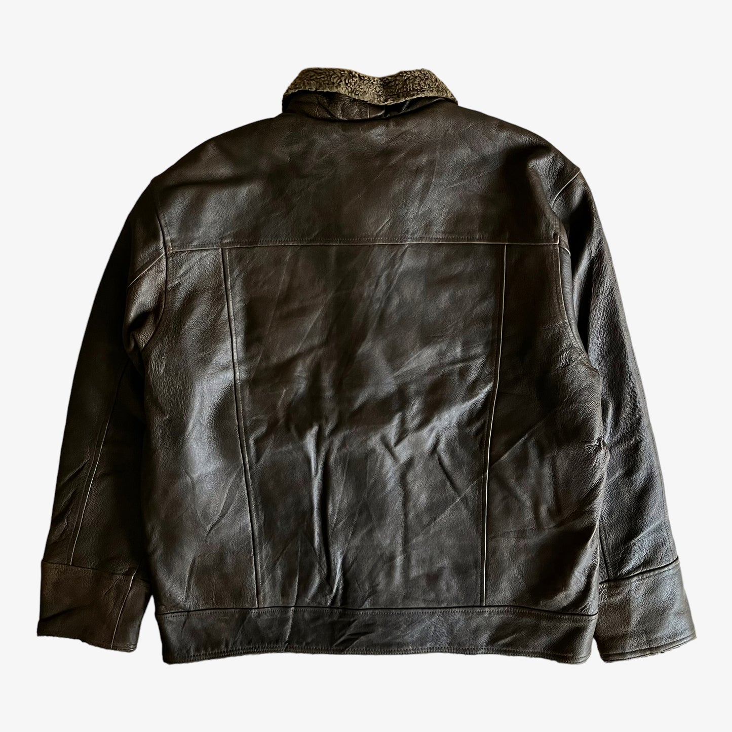 Vintage 90s Mens Burks Bay Guitar Embroidered Brown Leather Jacket Back - Casspios Dream