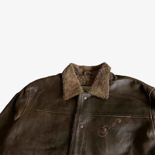 Vintage 90s Mens Burks Bay Guitar Embroidered Brown Leather Jacket Logo - Casspios Dream