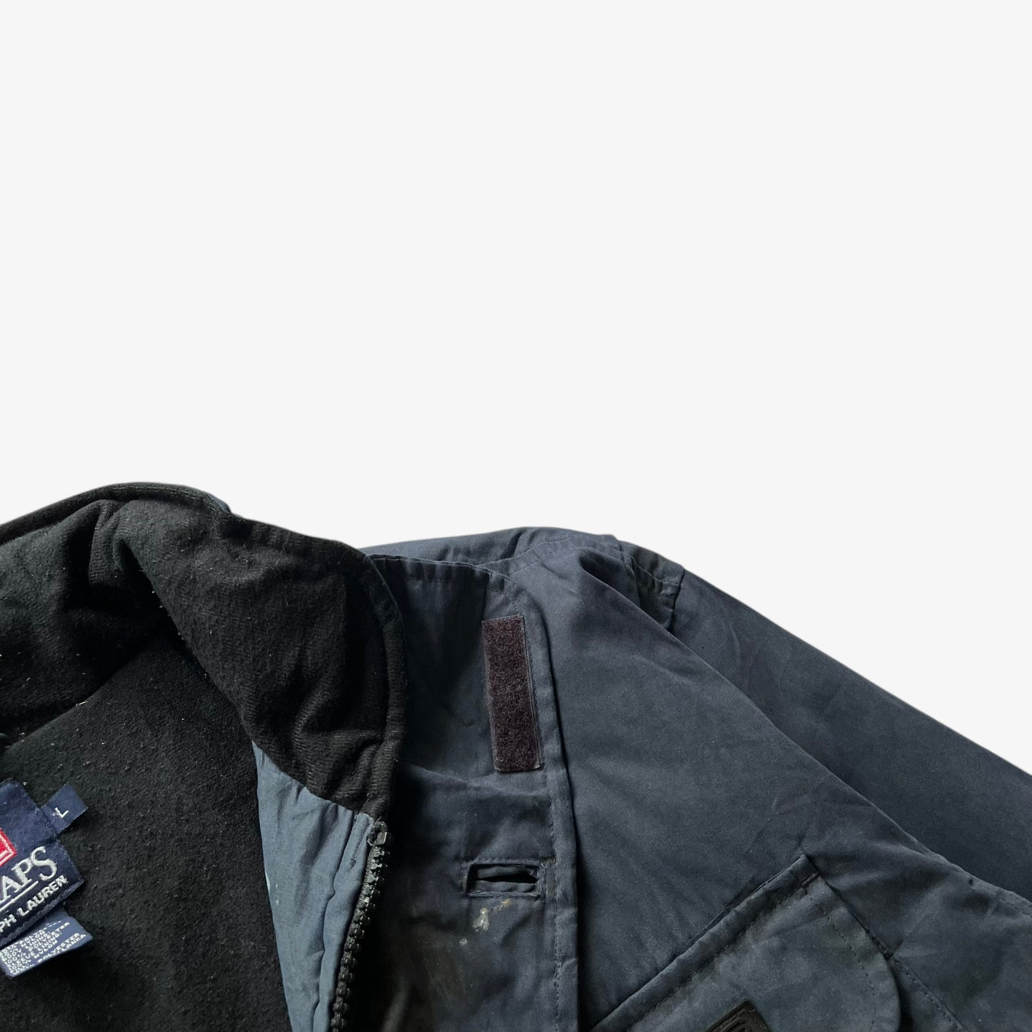 Vintage 90s Mens Chaps Ralph Lauren Faded Navy Utility Jacket With Foldable Hood Collar - Casspios Dream