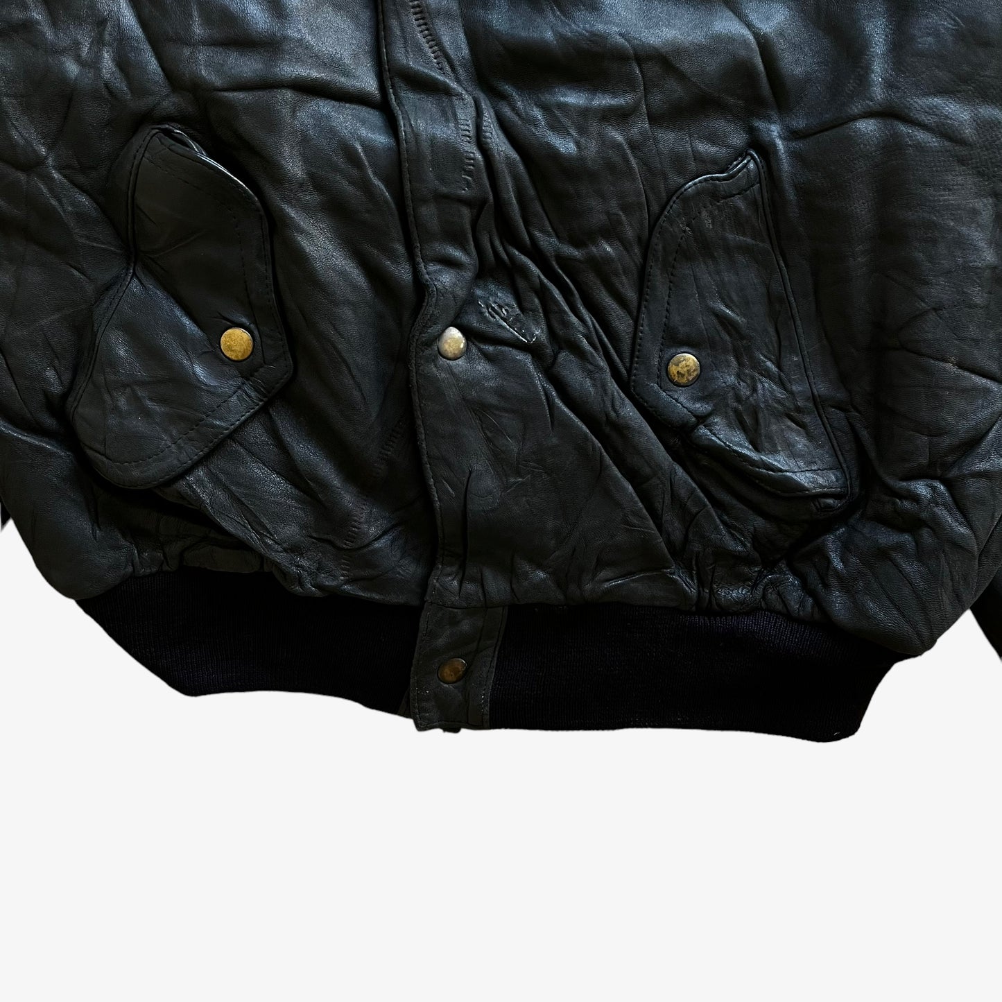 Vintage 90s Mens Chevignon Expression Black Leather Bomber Jacket Hem - Casspios Dream