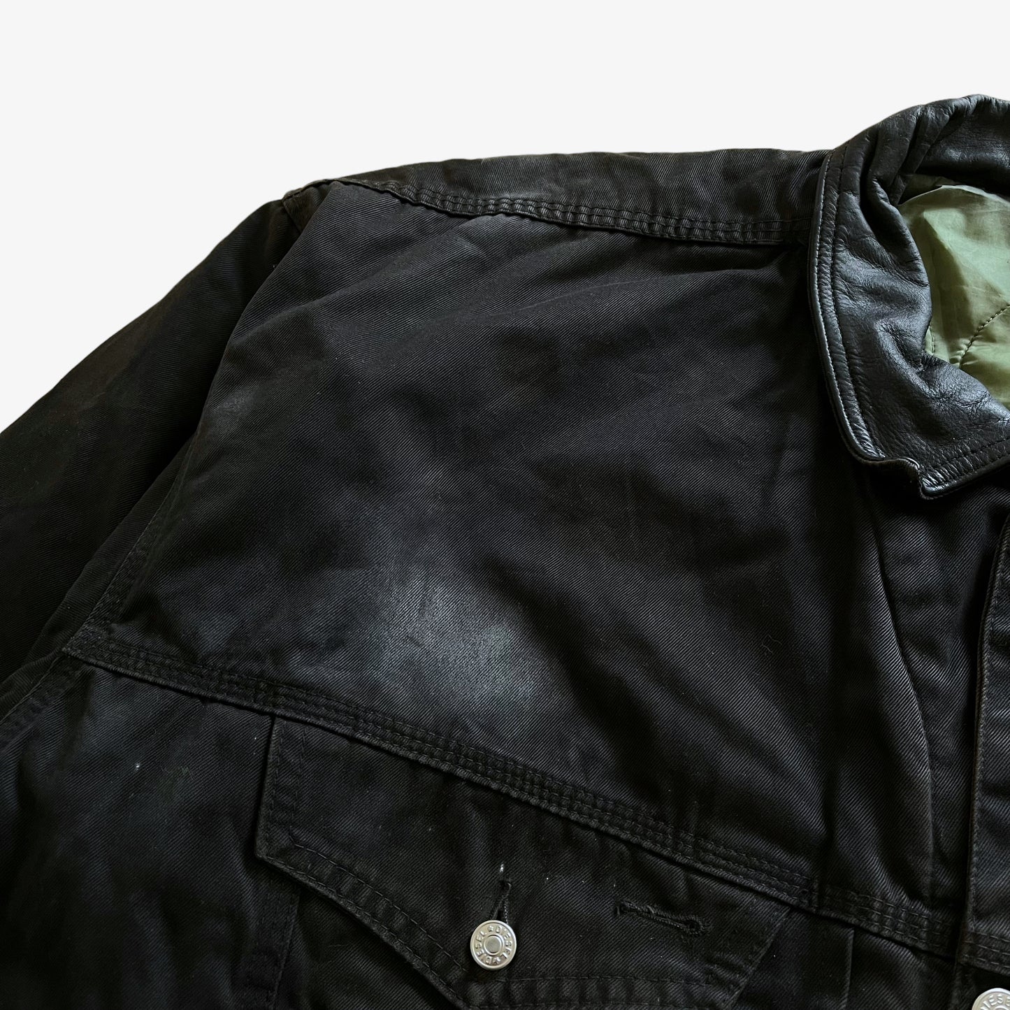 Vintage 90s Mens Diesel Industry Black Trucker Jacket With Leather Collar Wear - Casspios Dream