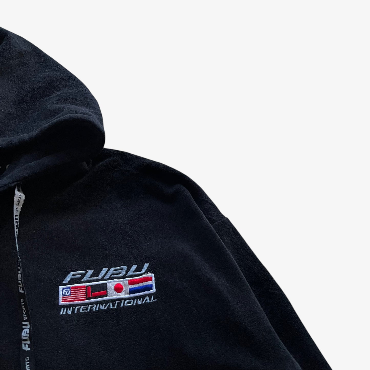 Vintage 90s Mens FUBU International Embroidered Black Fleece Hoodie Logo - Casspios Dream