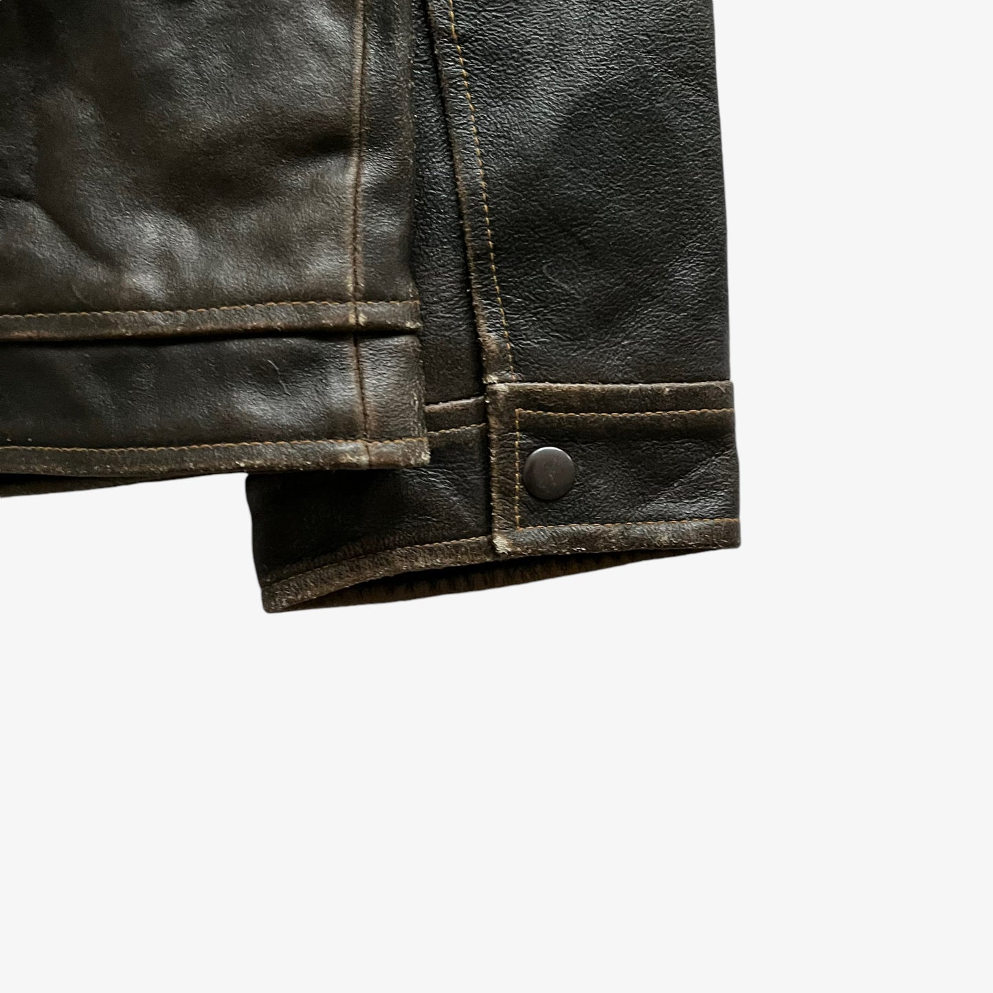 Vintage 90s Mens GAP Dark Brown Leather Trucker Jacket Cuff Wear - Casspios Dream
