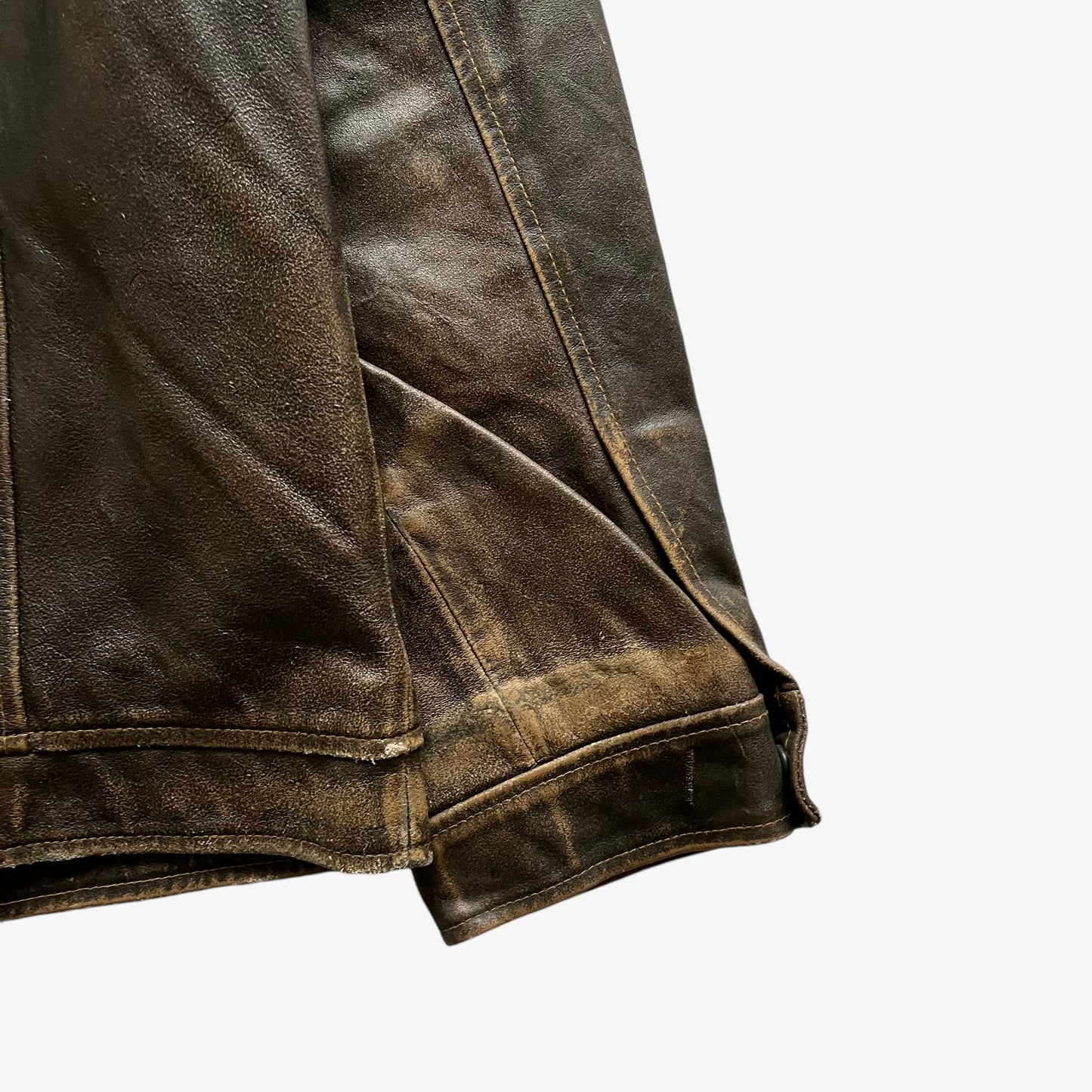 Vintage 90s Mens GAP Faded Brown Leather Trucker Jacket Arm - Casspios Dream