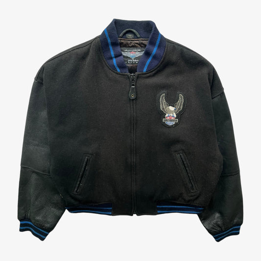 Vintage 90s Mens Harley Davidson And The Marlboro Man Black Wool Blend And Leather Varsity Jacket - Casspios Dream