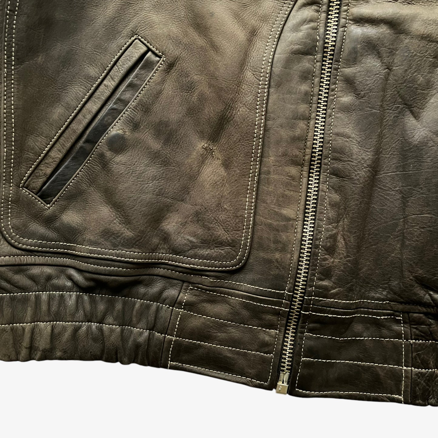 Vintage 90s Mens Harley Davidson V-Twin Power Faded Brown Leather Biker Jacket Hem - Casspios Dream