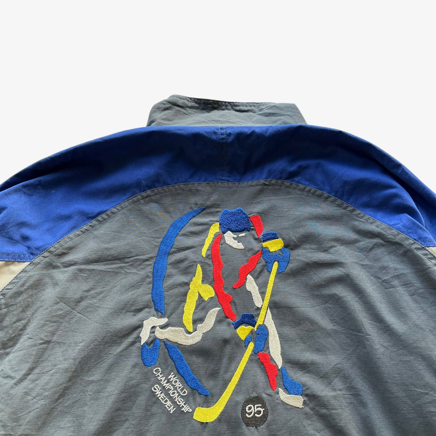 Vintage 90s Mens Ice Hockey 1995 Sweden World Championship Faded Jacket Spell Out - Casspios Dream