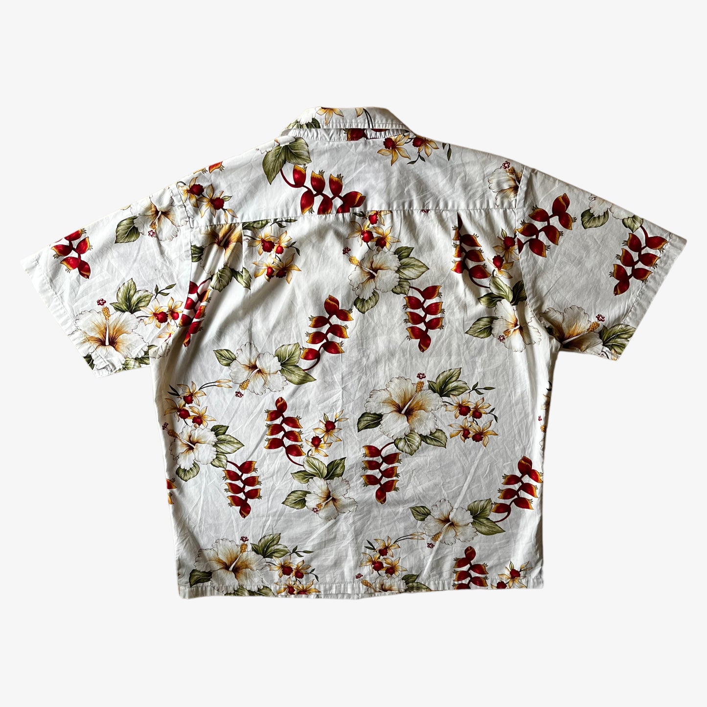 Vintage 90s Mens Jade Fashions Floral Print Short Sleeve White Hawaiian Shirt Back - Casspios Dream