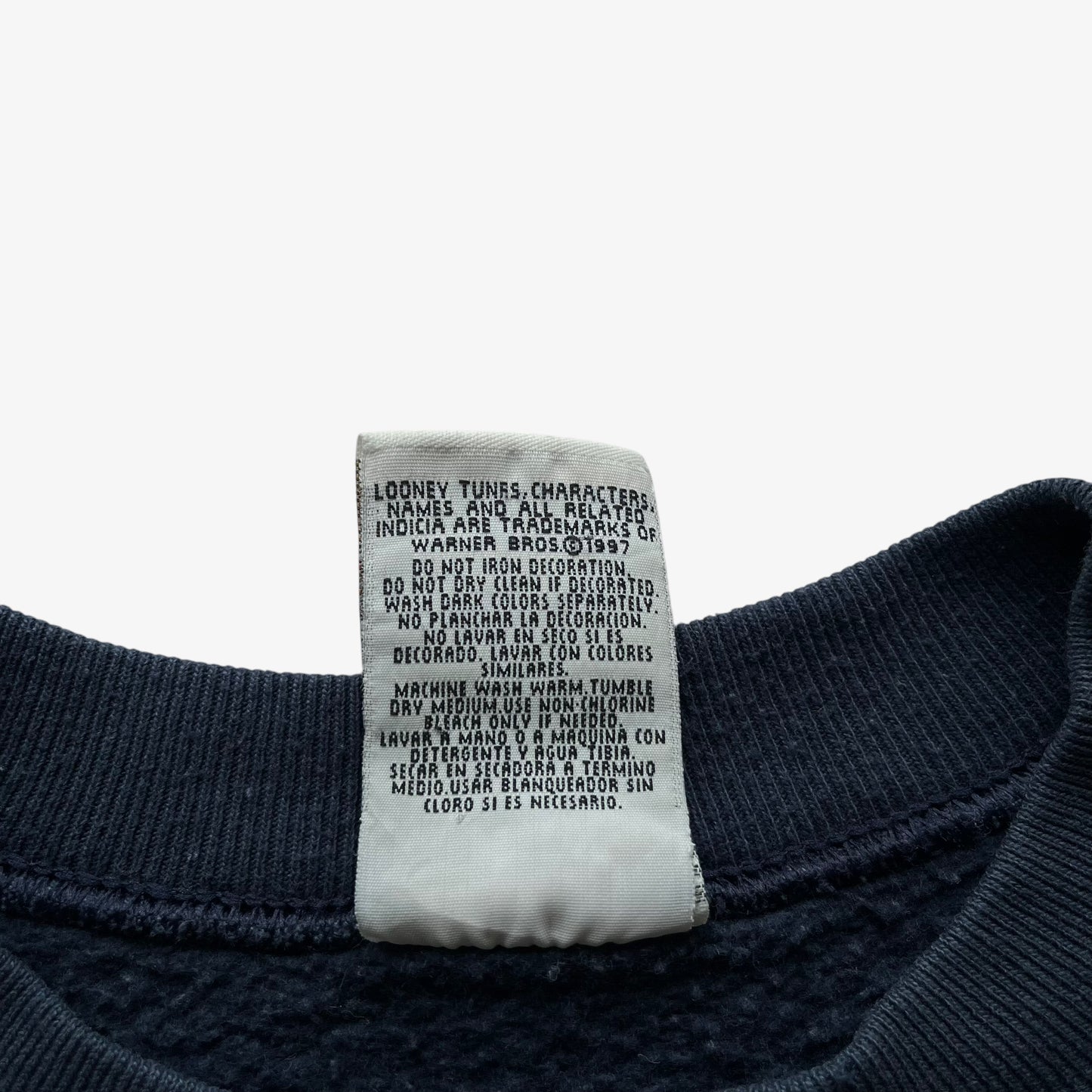 Vintage 90s Mens Looney Tunes 1997 Embossed Taz Tasmanian Devil Spell Out Navy Sweatshirt Inside Label - Casspios Dream