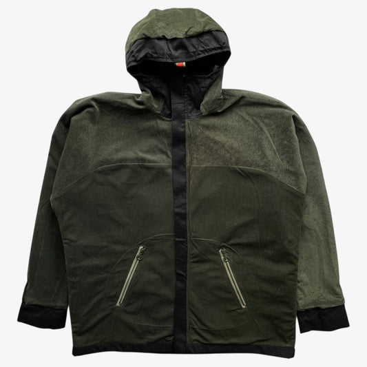 Vintage 90s men's Maharishi khaki reversible utility jacket on a white background.