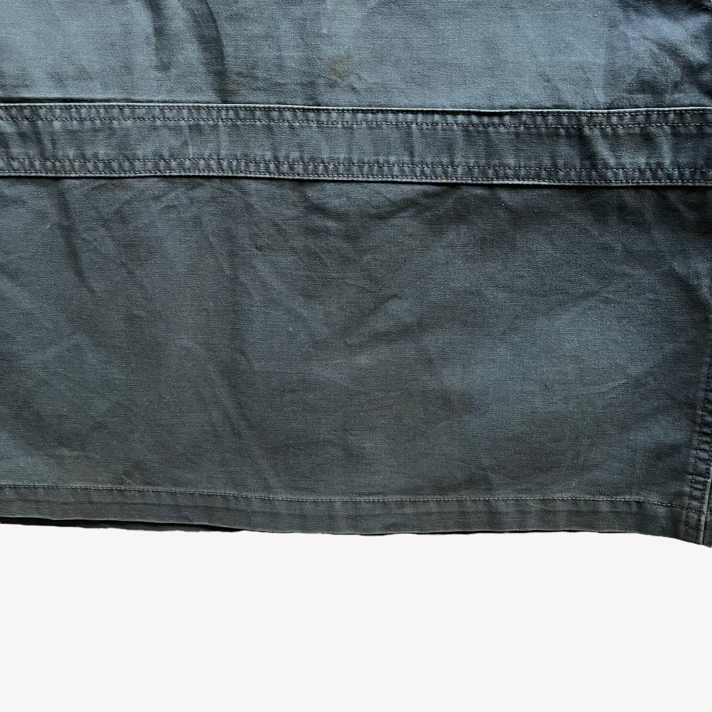 Vintage 90s Mens Marlboro Classics Faded Navy Workwear Jacket With Brown Leather Collar Back Hem - Casspios Dream