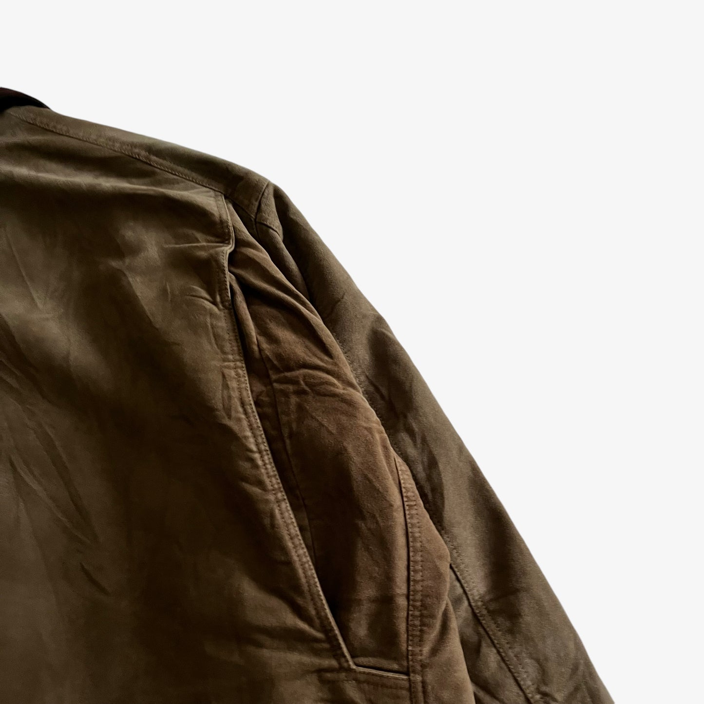 Vintage 90s Mens Marlboro Classics Khaki Workwear Jacket With Brown Leather Back Wear - Casspios Dream