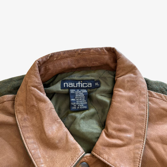 Vintage 90s Mens Nautica Brown Leather & Green Wool Blend Jacket Label - Casspios Dream