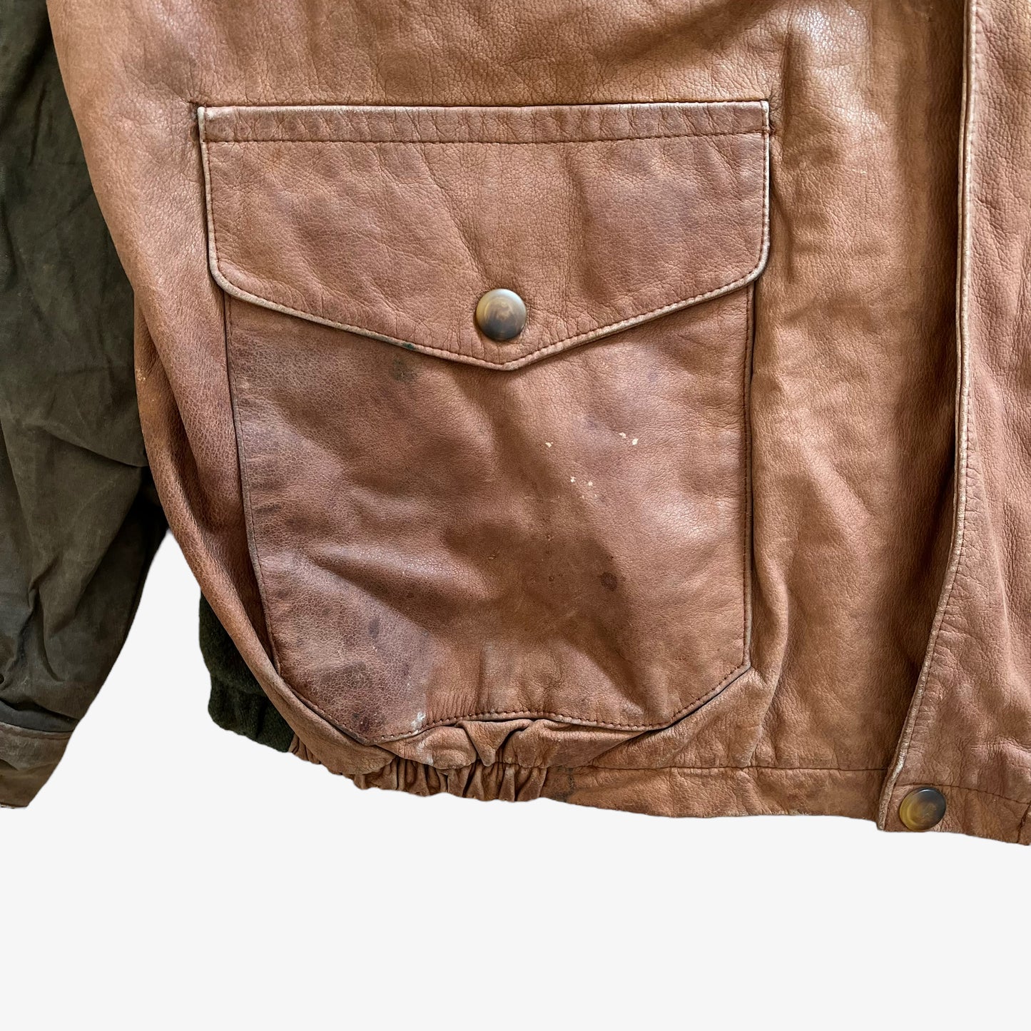 Vintage 90s Mens Nautica Brown Leather & Green Wool Blend Jacket Pocket - Casspios Dream