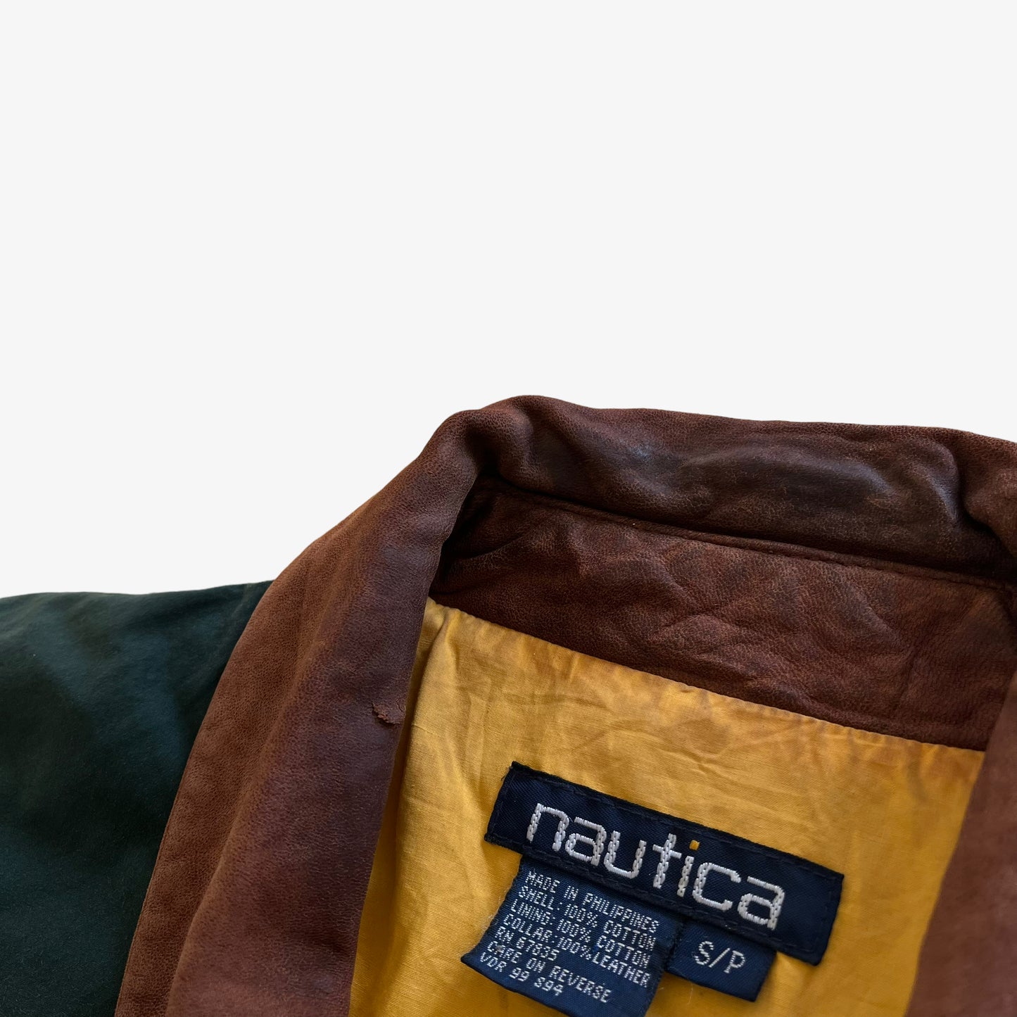 Vintage 90s Mens Nautica Green Sailing Jacket With Brown Leather Collar Wear - Casspios Dream