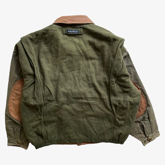 Vintage 90s Mens Nautica Light Brown Leather & Green Wool Blend Jacket Back - Casspios Dream