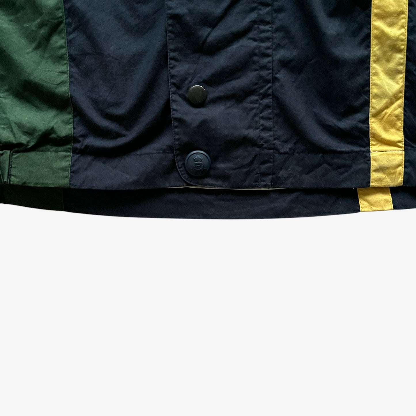 Vintage 90s Mens Nautica Navy Green And Yellow Striped Sailing Jacket With Foldable Hood Button - Casspios Dream