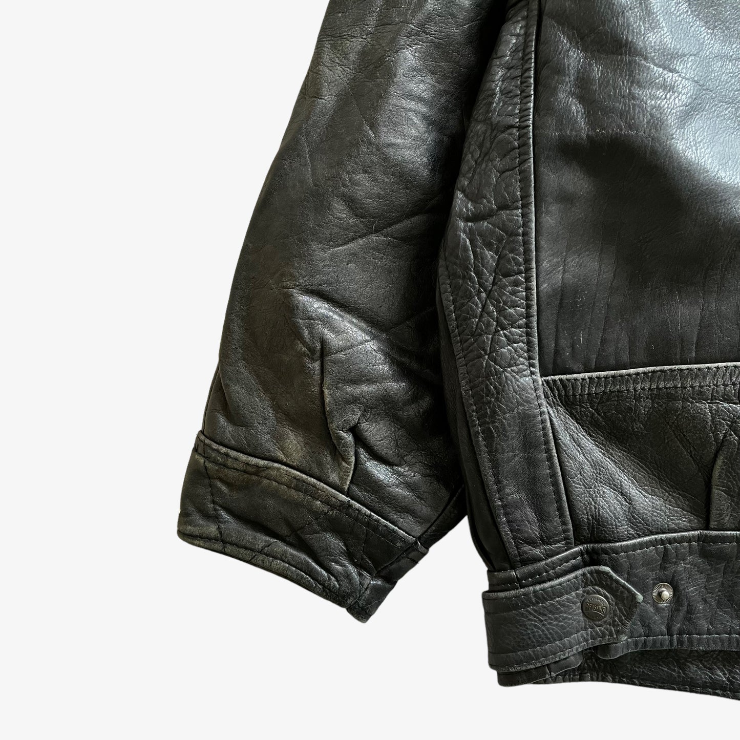 Vintage 90s Mens Redskins Black Leather Utility Jacket Cuff Mark - Casspios Dream