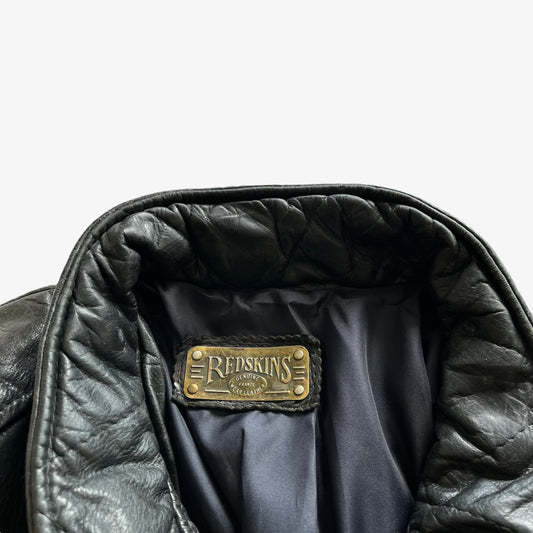 Vintage 90s Mens Redskins Black Leather Utility Jacket Label - Casspios Dream