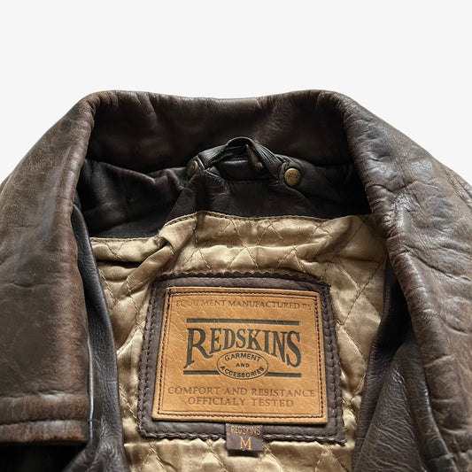Vintage 90s Mens Redskins Brown Leather Jacket Buttoned Label - Casspios Dream