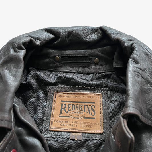 Vintage 90s Mens Redskins Dark Brown Leather Jacket Label - Casspios Dream