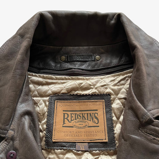 Vintage 90s Mens Redskins Dark Brown Leather Jacket With Quilted Lining Label - Casspios Dream