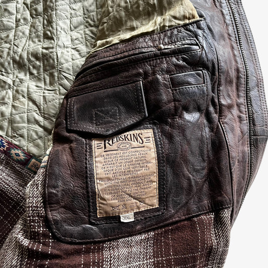 Vintage 90s Mens Redskins Dept Outdoor Wear Brown Leather Jacket Label - Casspios Dream