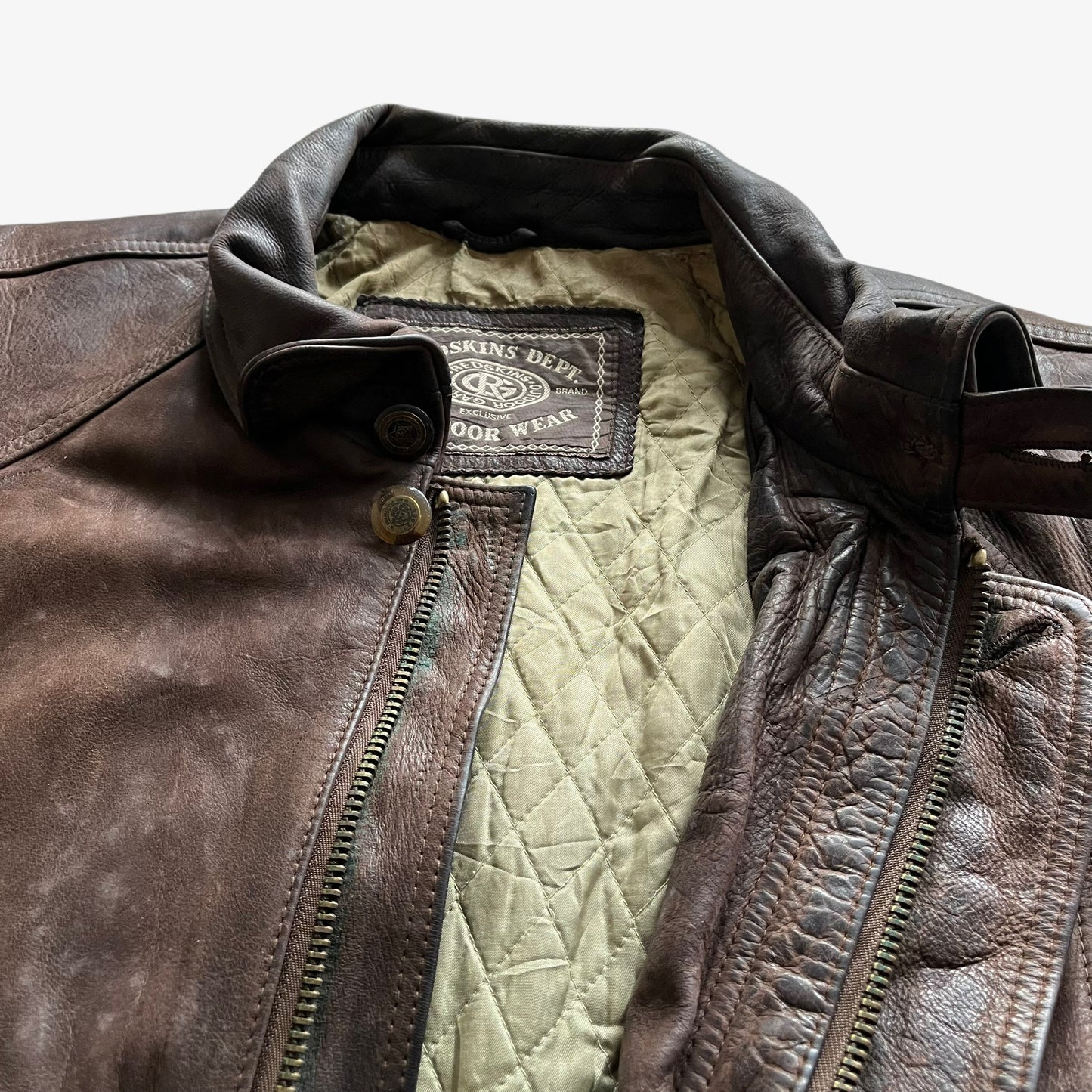 Vintage 90s Mens Redskins Dept Outdoor Wear Brown Leather Jacket Wear - Casspios Dream