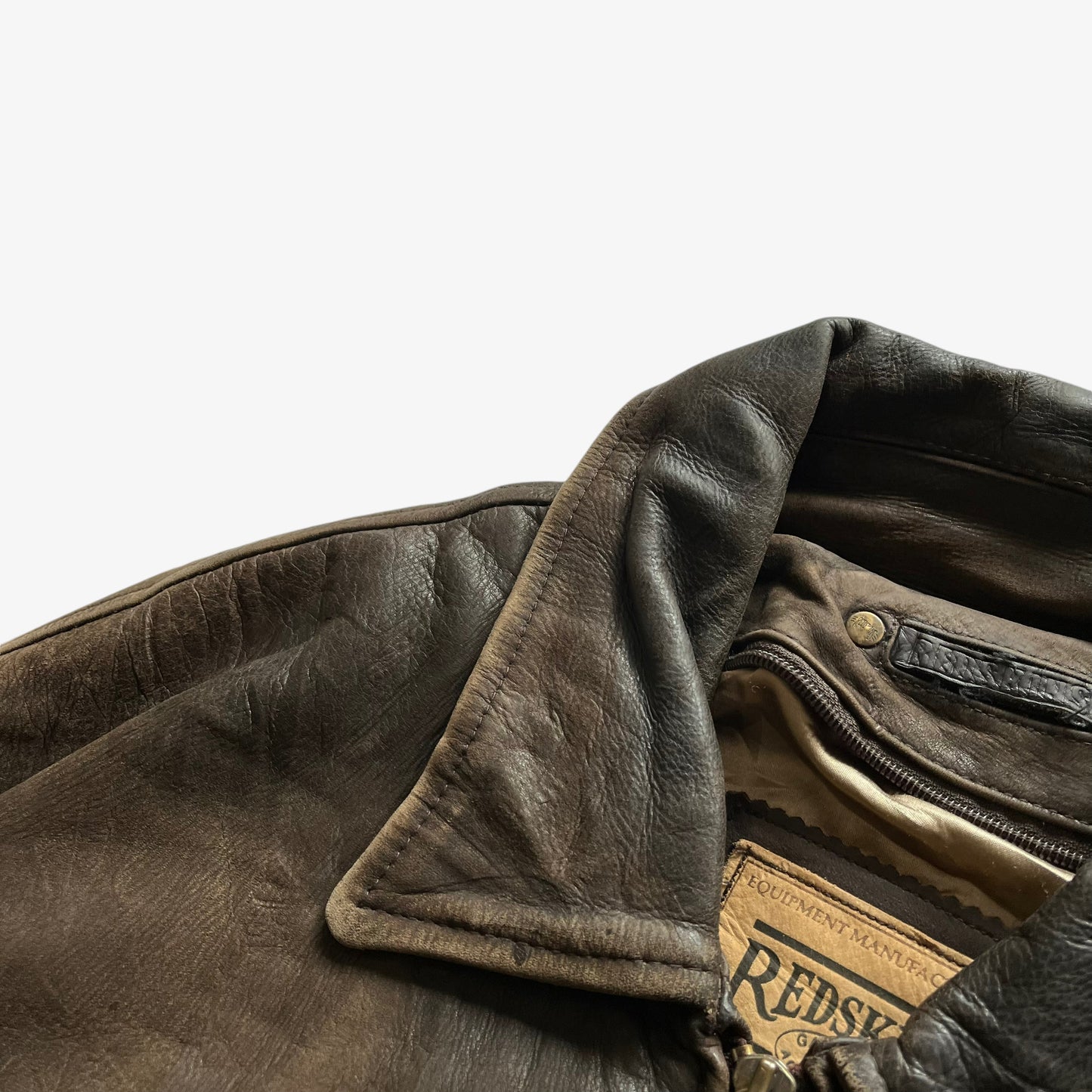 Vintage 90s Mens Redskins Faded Dark Brown Leather Pilot Jacket Wear - Casspios Dream