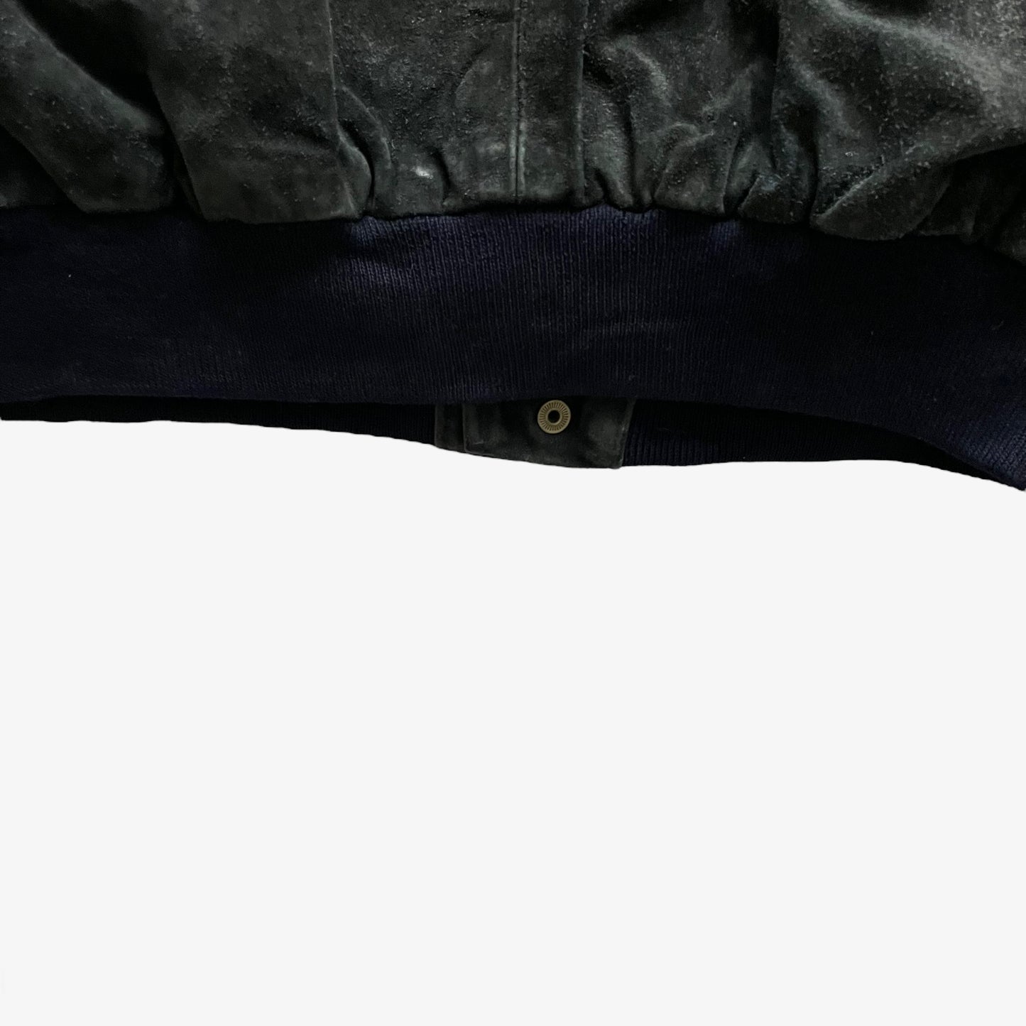 Vintage 90s Mens Redskins Faded Navy Leather Bomber Jacket Back Hem - Casspios Dream